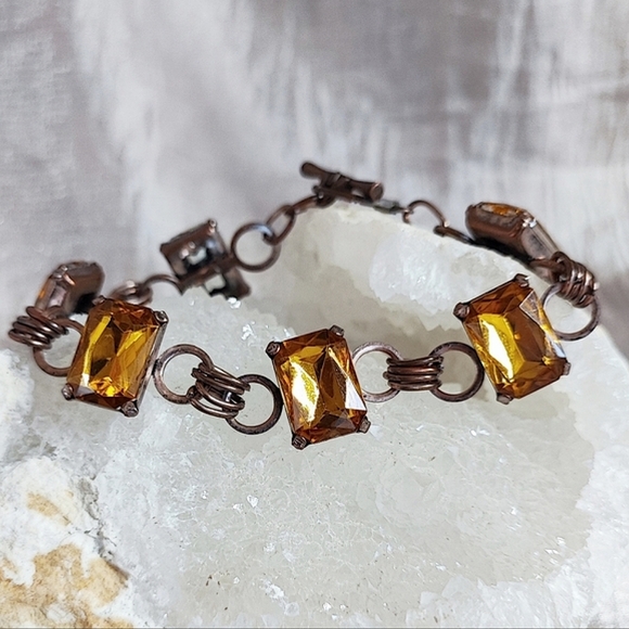 Vintage Link Bracelet Golden Honey Topaz Emerald Cut Stones Toggle Clasp - Picture 1 of 11